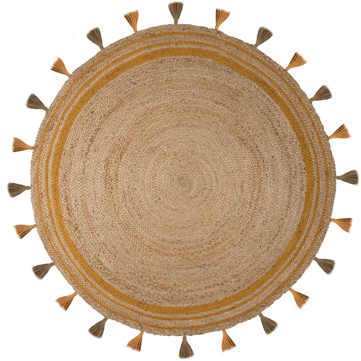 tapis rond en jute istanbul ocre avec pompons 