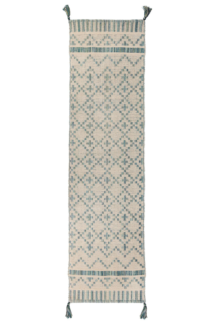 tapis de couloir en coton blanc et bleu leela